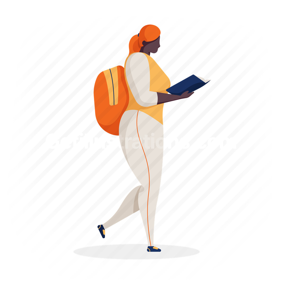 woman, book, backpack, bag